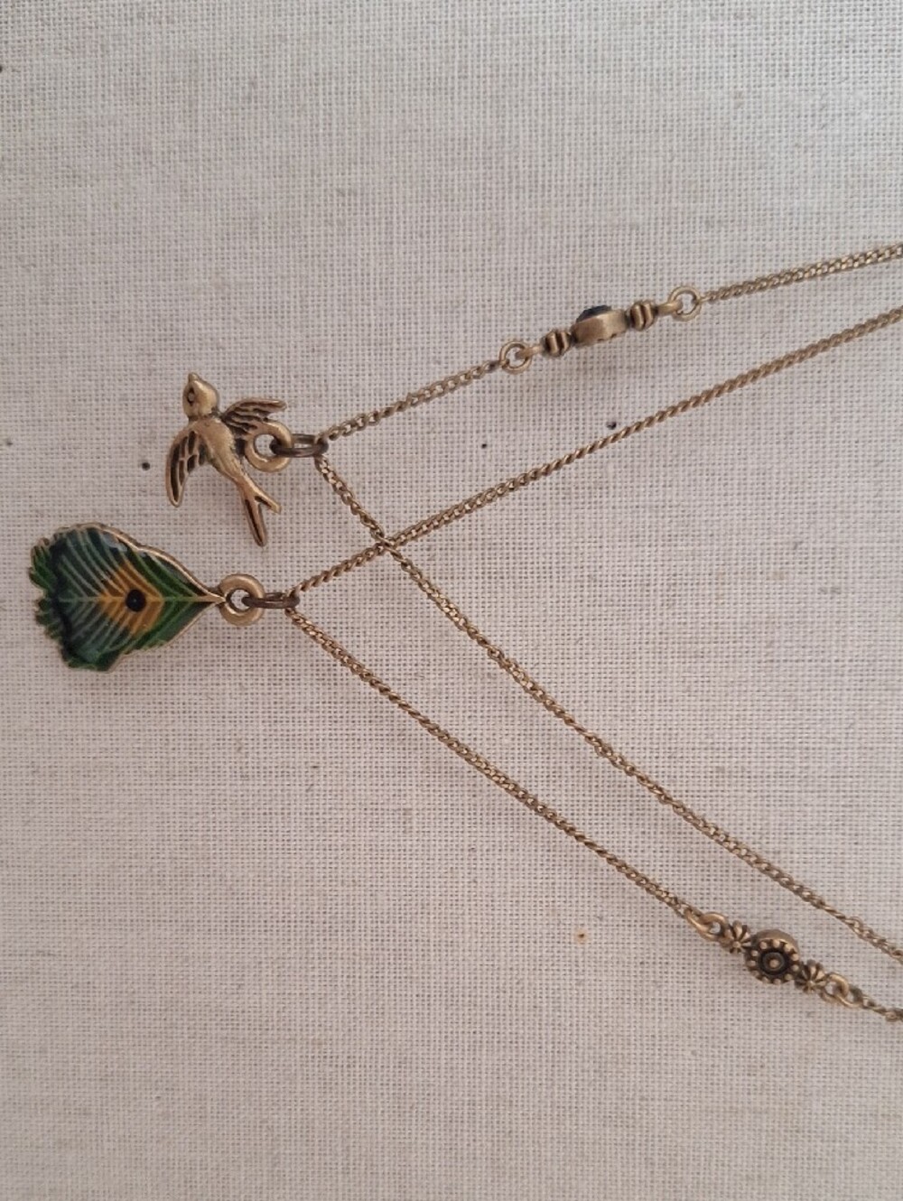 Betsey Johnson Gold Layered Necklace with Green Feather and Bird Charms - Picture 3 of 3